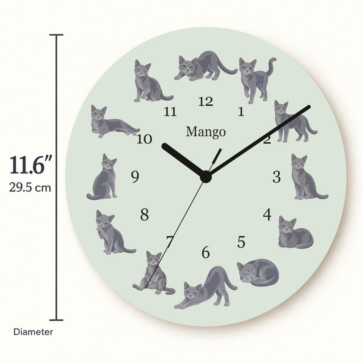 Personalized Russian Blue Cat wooden wall clock with example name Mango; size