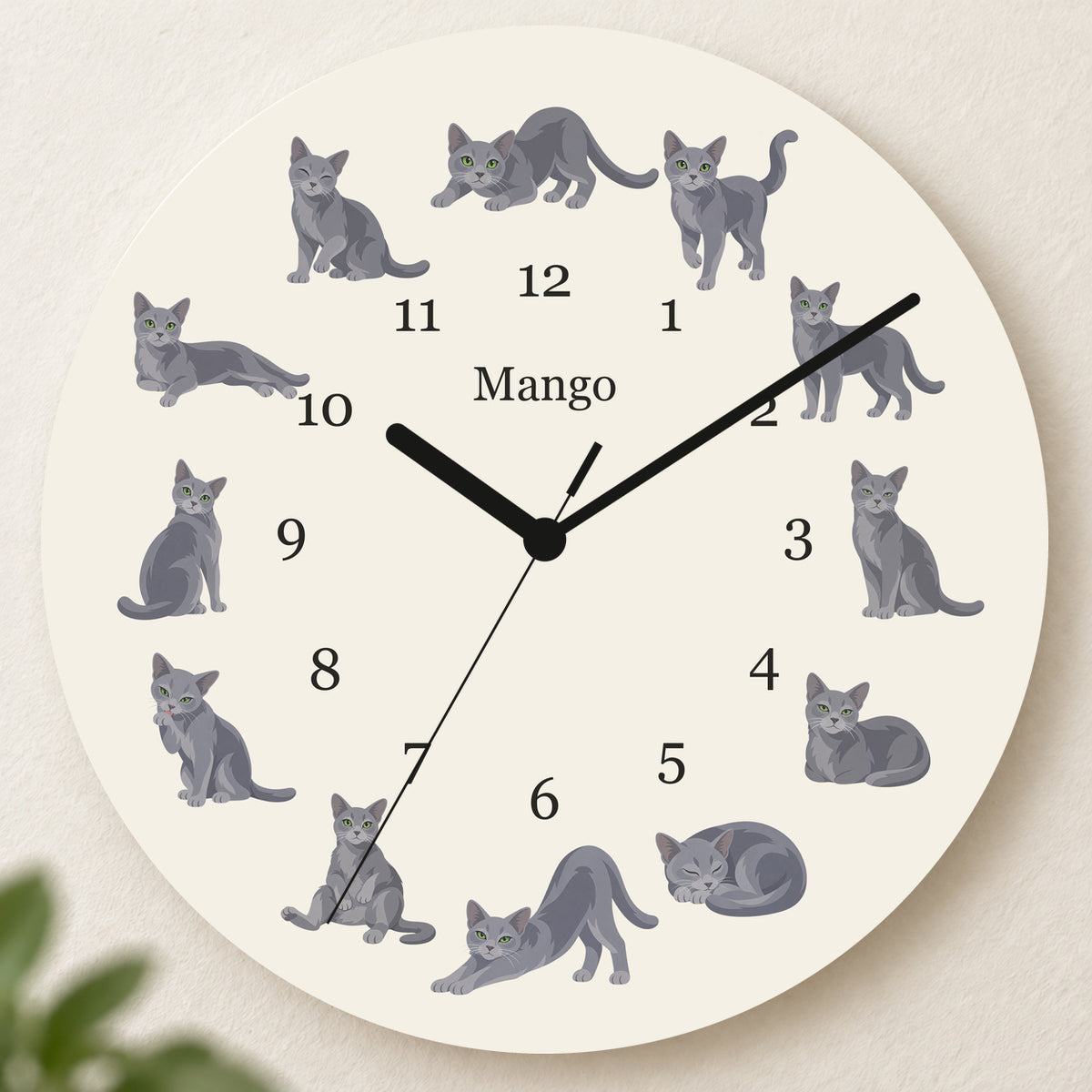Personalized Russian Blue Cat Wall Clock, Custom Pet Name, 11.6 Inch Wooden Clock — Warm Ivory background
