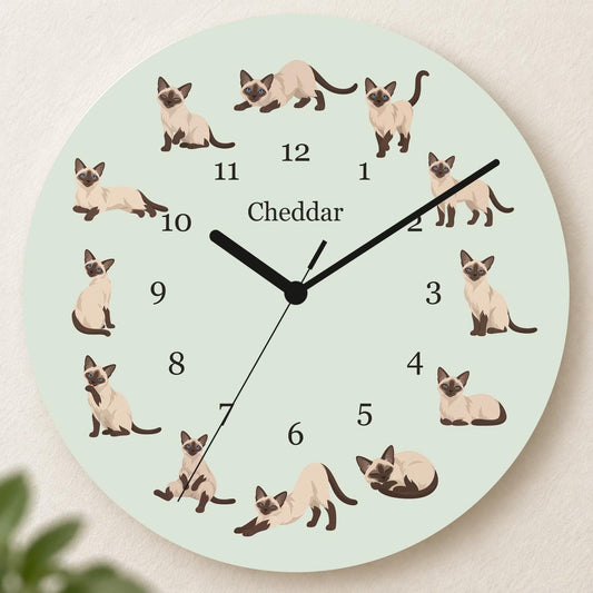 Personalized Siamese Cat wooden wall clock with example name Cheddar; hero