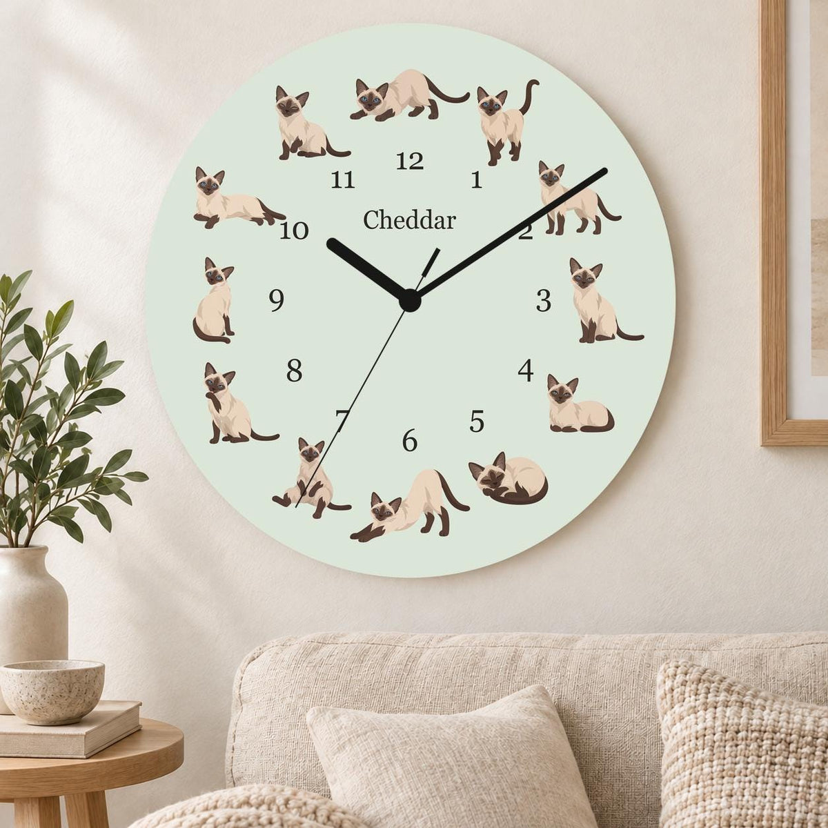 Personalized Siamese Cat wooden wall clock with example name Cheddar; living room