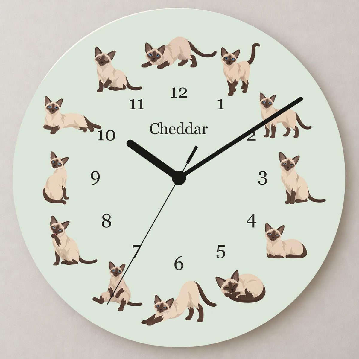 Personalized Siamese Cat wooden wall clock with example name Cheddar; close up