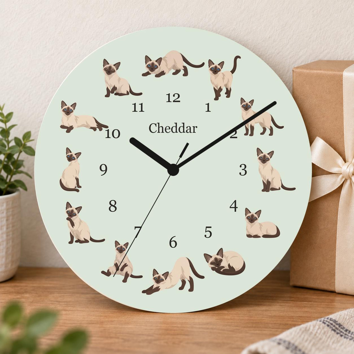 Personalized Siamese Cat wooden wall clock with example name Cheddar; gift