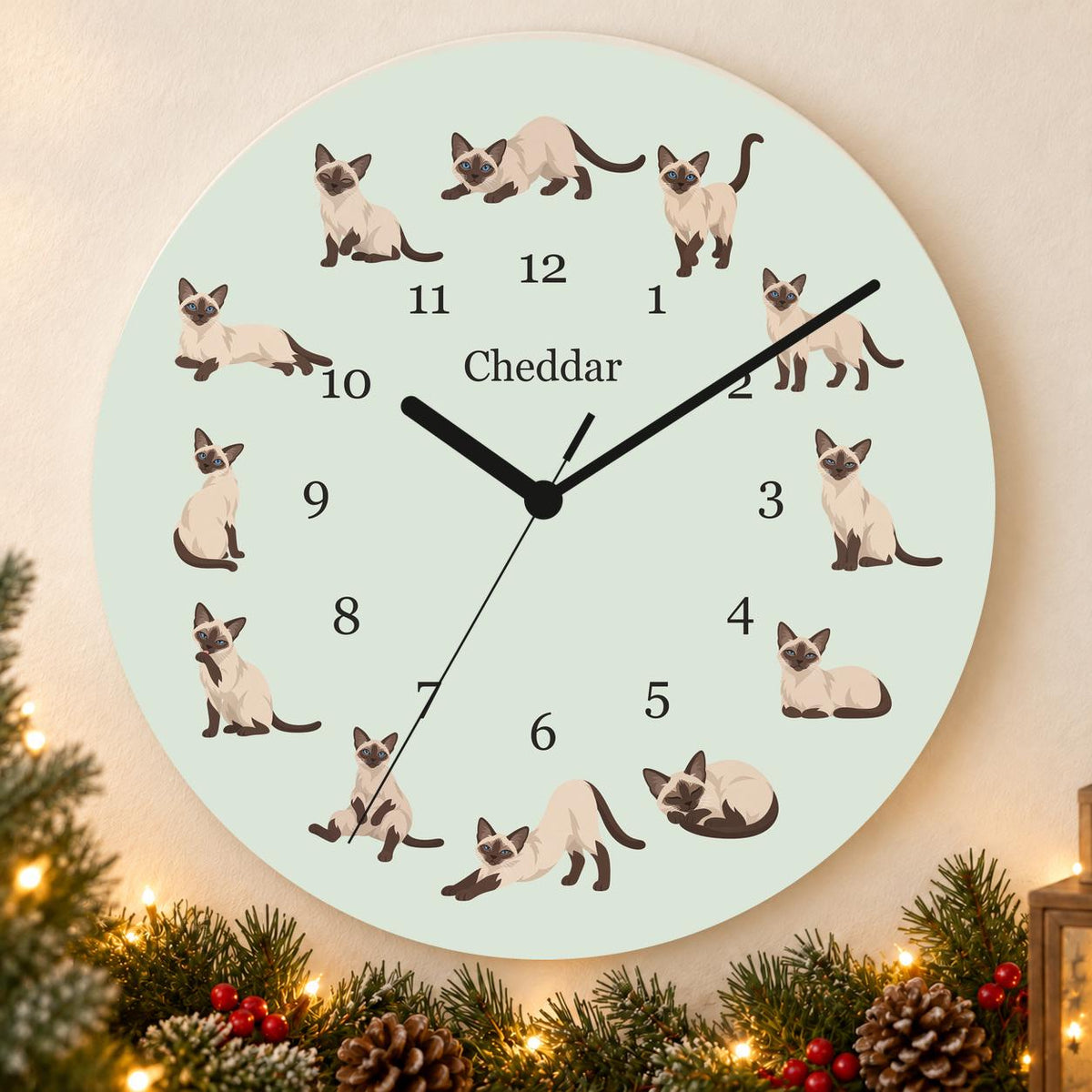 Personalized Siamese Cat wooden wall clock with example name Cheddar; holiday