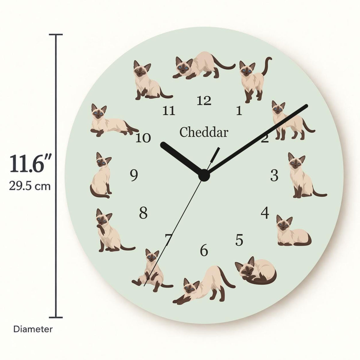 Personalized Siamese Cat wooden wall clock with example name Cheddar; size