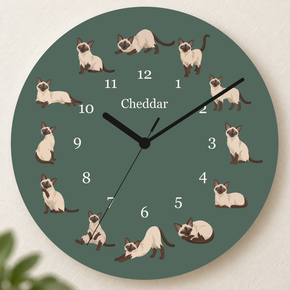 Personalized Siamese Cat Wall Clock, Custom Pet Name, 11.6 Inch Wooden Clock — Deep Sage background