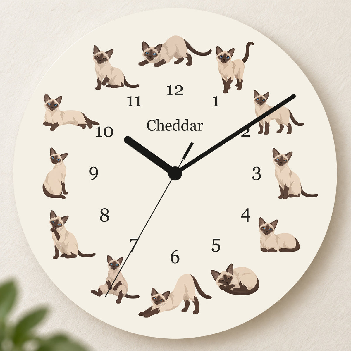 Personalized Siamese Cat Wall Clock, Custom Pet Name, 11.6 Inch Wooden Clock — Warm Ivory background