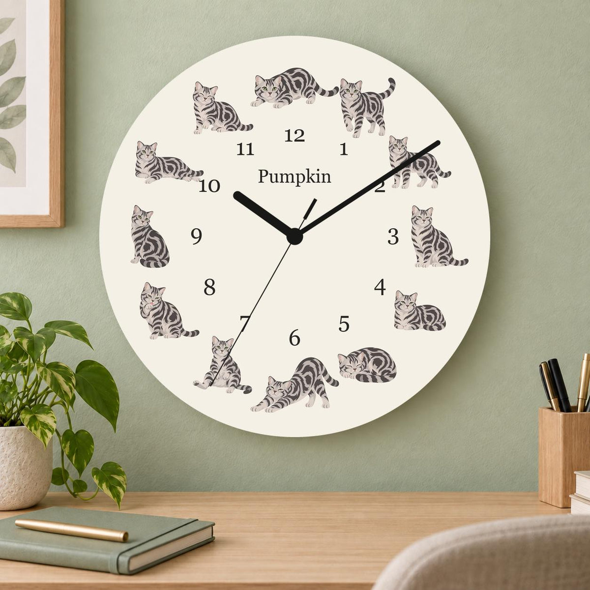 Personalized American Shorthair Cat wooden wall clock with example name Pumpkin; home office