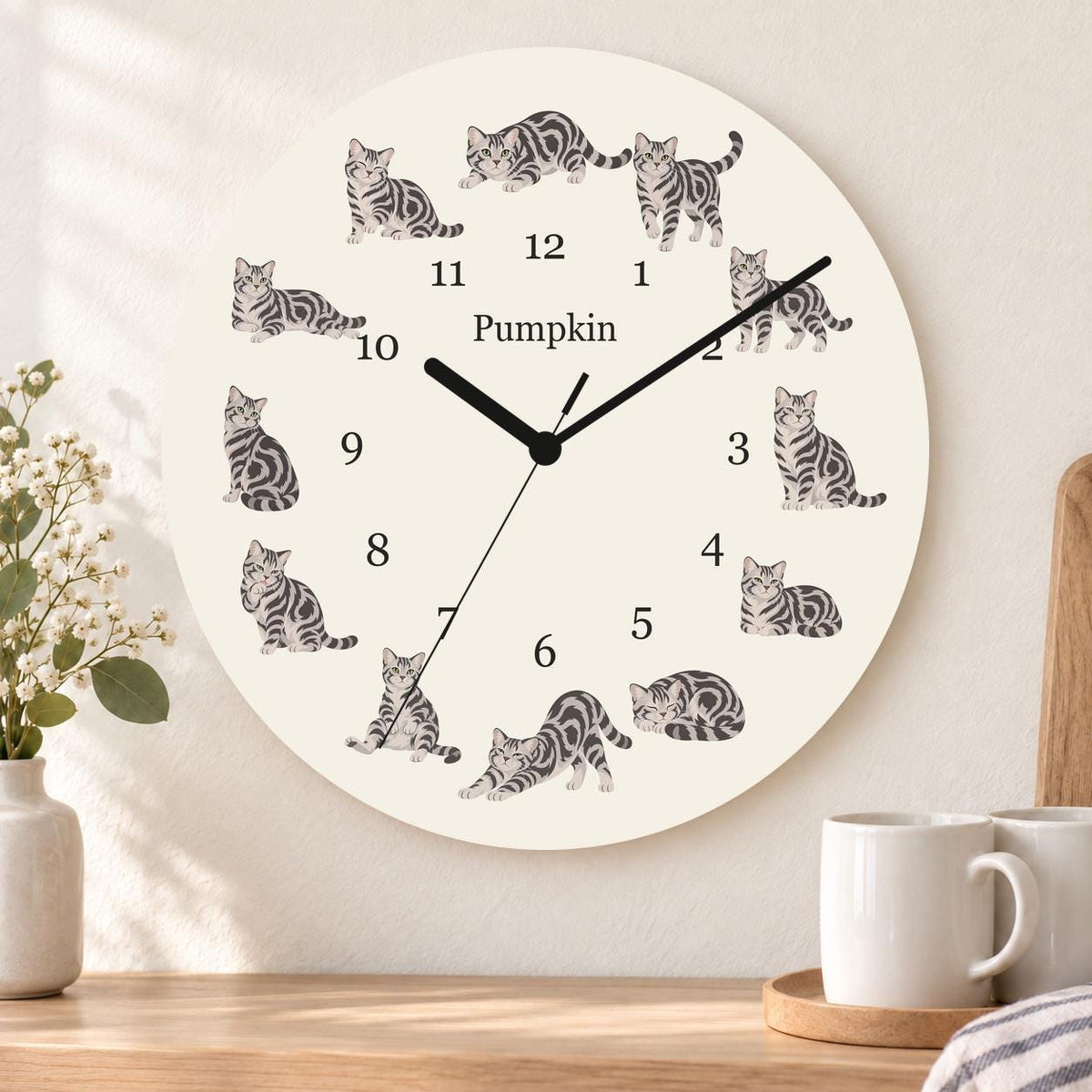 Personalized American Shorthair Cat wooden wall clock with example name Pumpkin; kitchen