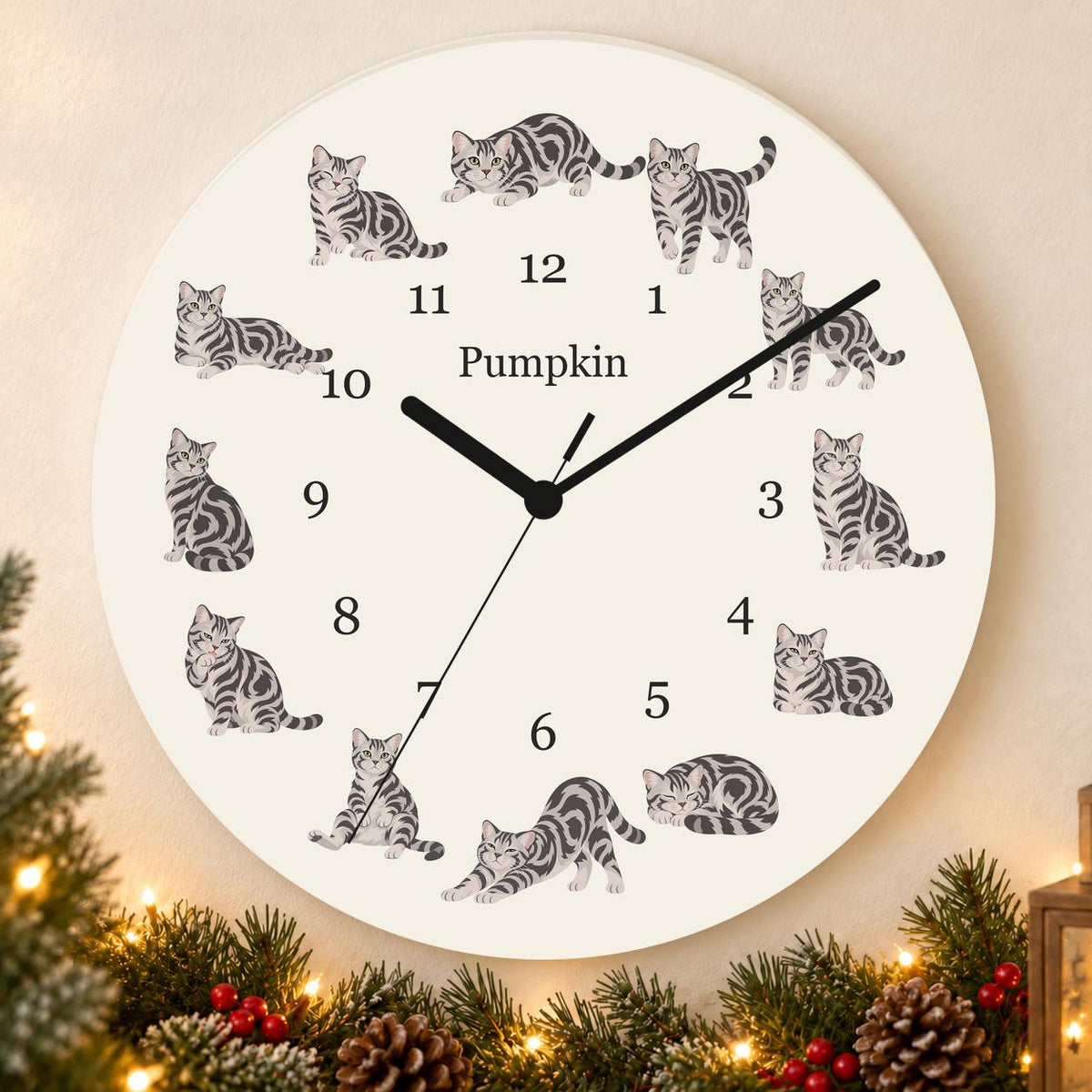 Personalized American Shorthair Cat wooden wall clock with example name Pumpkin; holiday