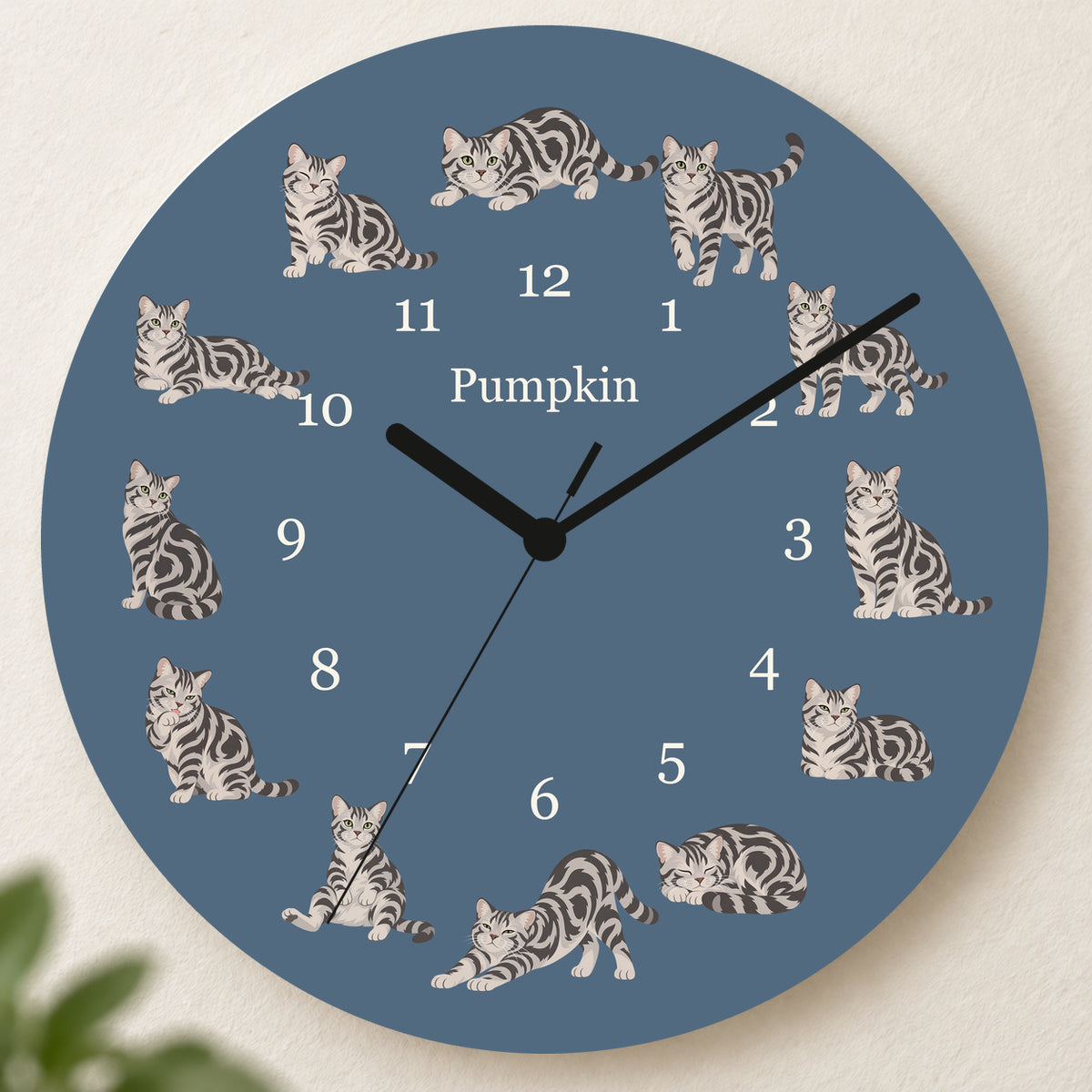 Personalized American Shorthair Cat Wall Clock, Custom Pet Name, 11.6 Inch Wooden Clock — Muted Denim background