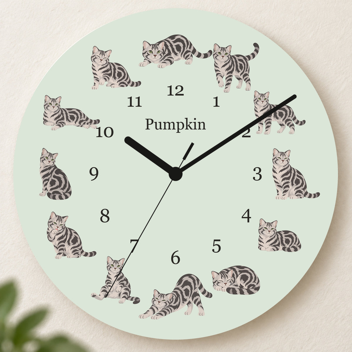Personalized American Shorthair Cat Wall Clock, Custom Pet Name, 11.6 Inch Wooden Clock — Pale Sage background