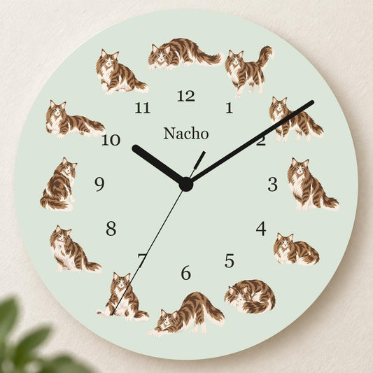 Personalized Norwegian Forest Cat Cat wooden wall clock with example name Nacho; hero