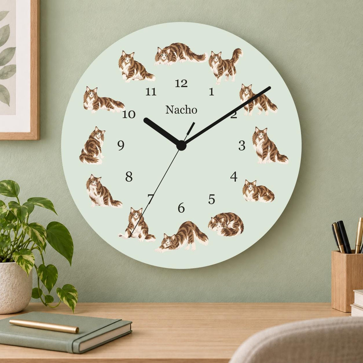Personalized Norwegian Forest Cat Cat wooden wall clock with example name Nacho; home office
