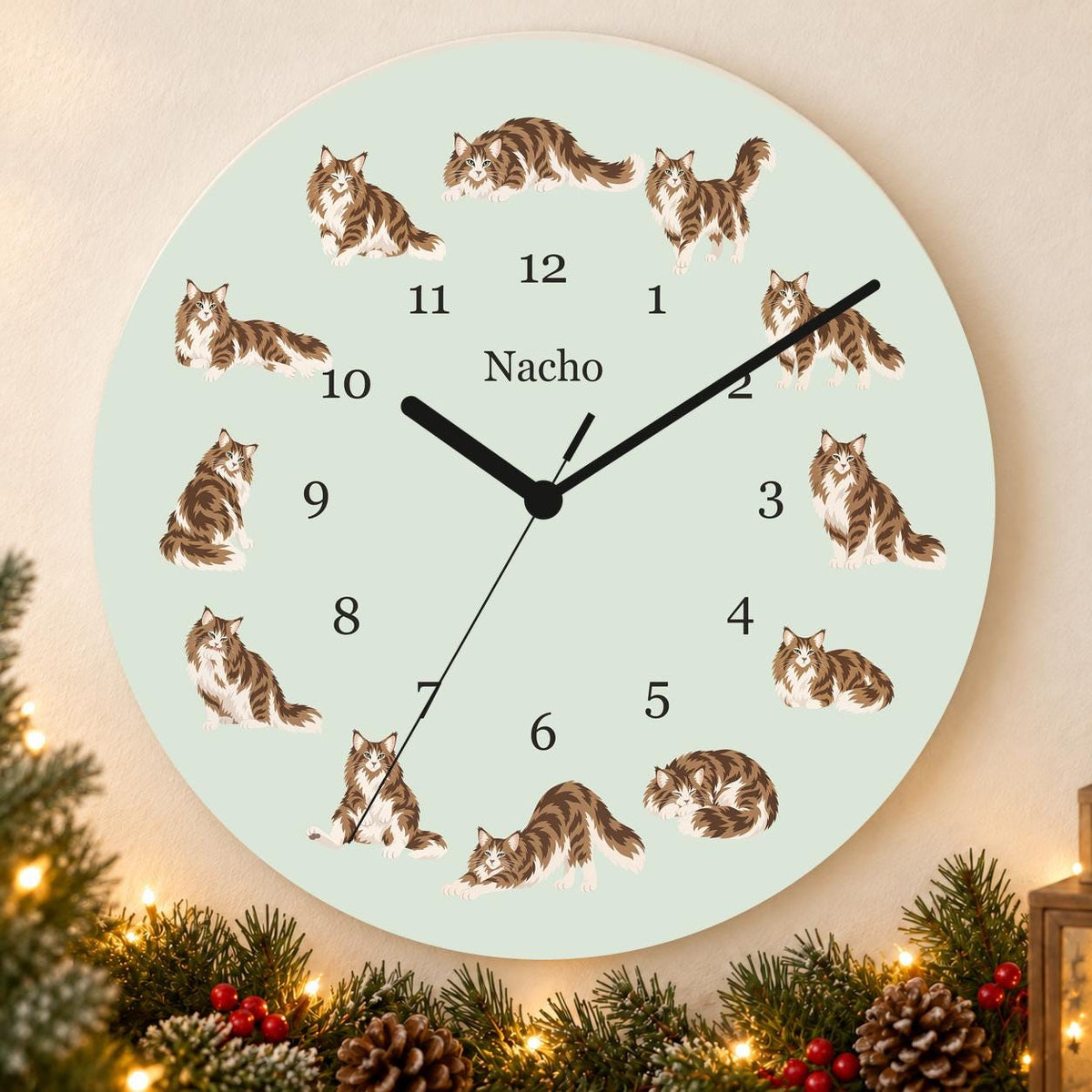 Personalized Norwegian Forest Cat Cat wooden wall clock with example name Nacho; holiday