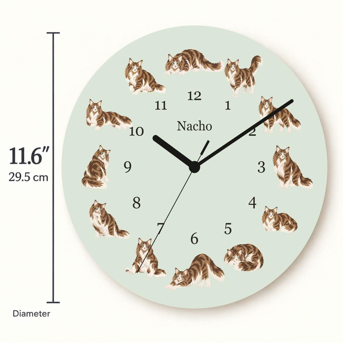 Personalized Norwegian Forest Cat Cat wooden wall clock with example name Nacho; size