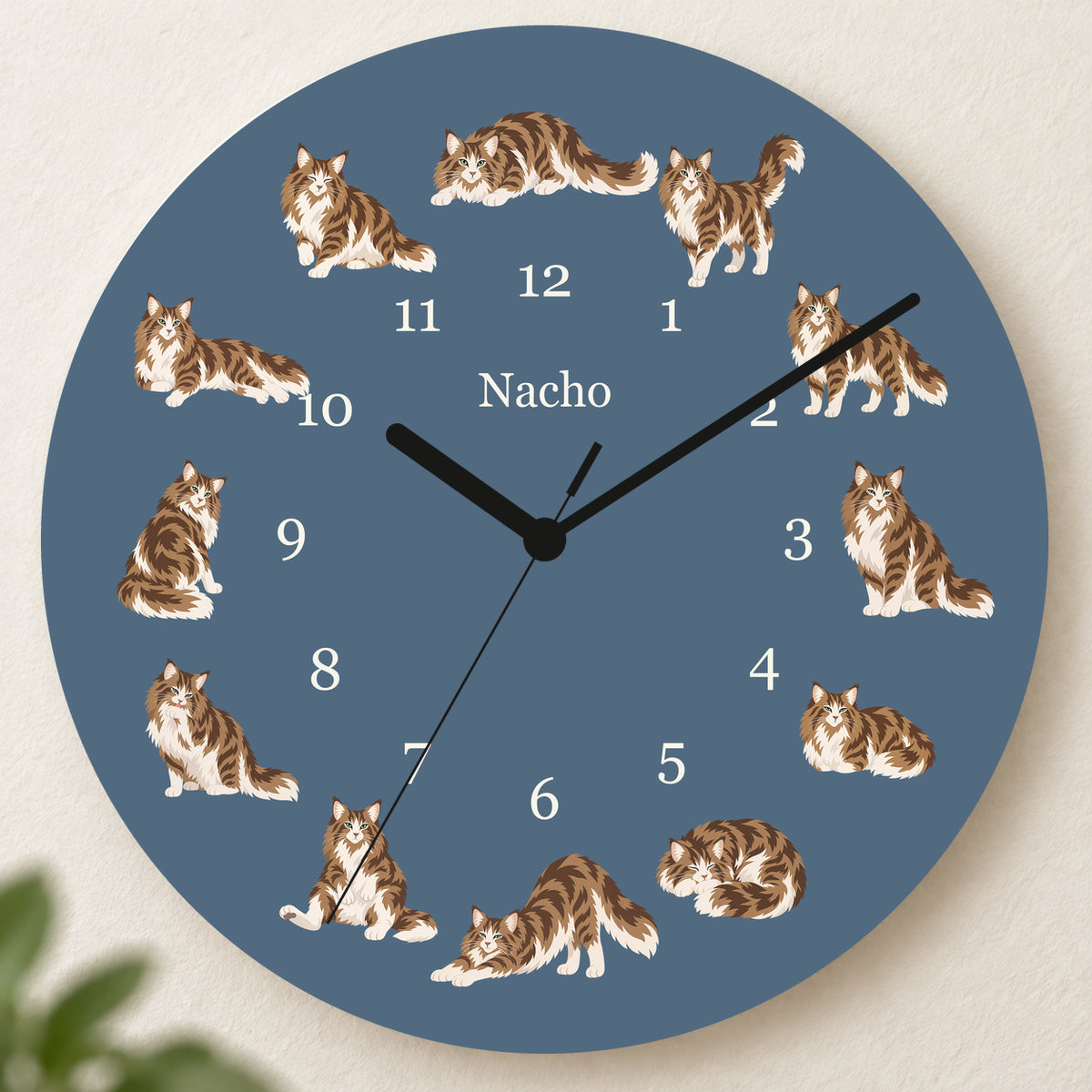 Personalized Norwegian Forest Cat Cat Wall Clock, Custom Pet Name, 11.6 Inch Wooden Clock — Muted Denim background