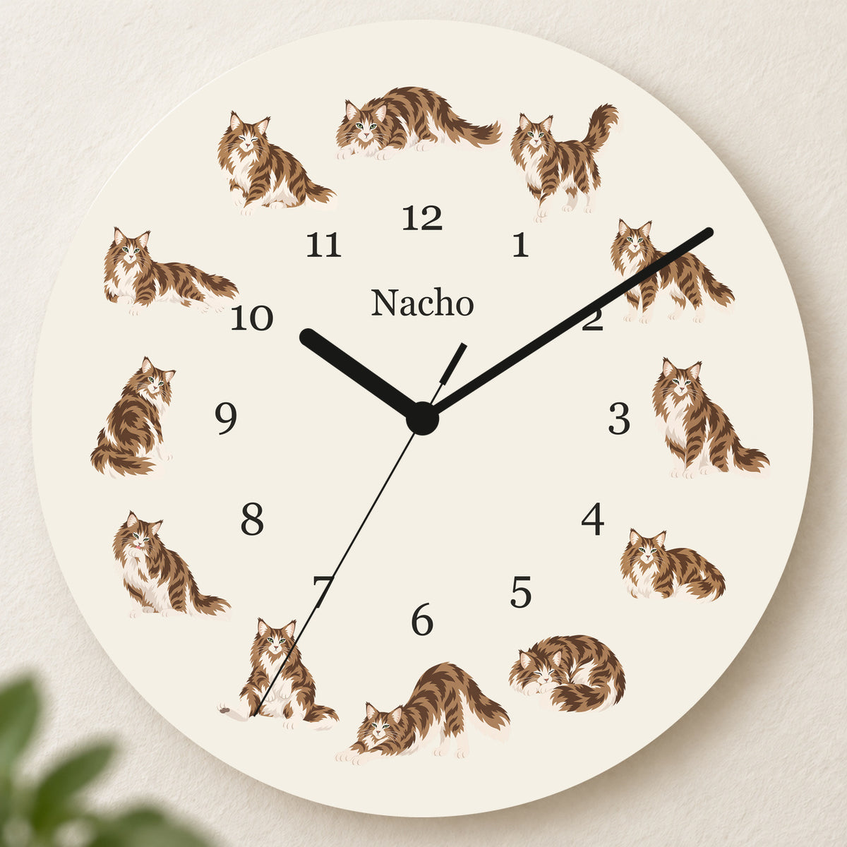 Personalized Norwegian Forest Cat Cat Wall Clock, Custom Pet Name, 11.6 Inch Wooden Clock — Warm Ivory background
