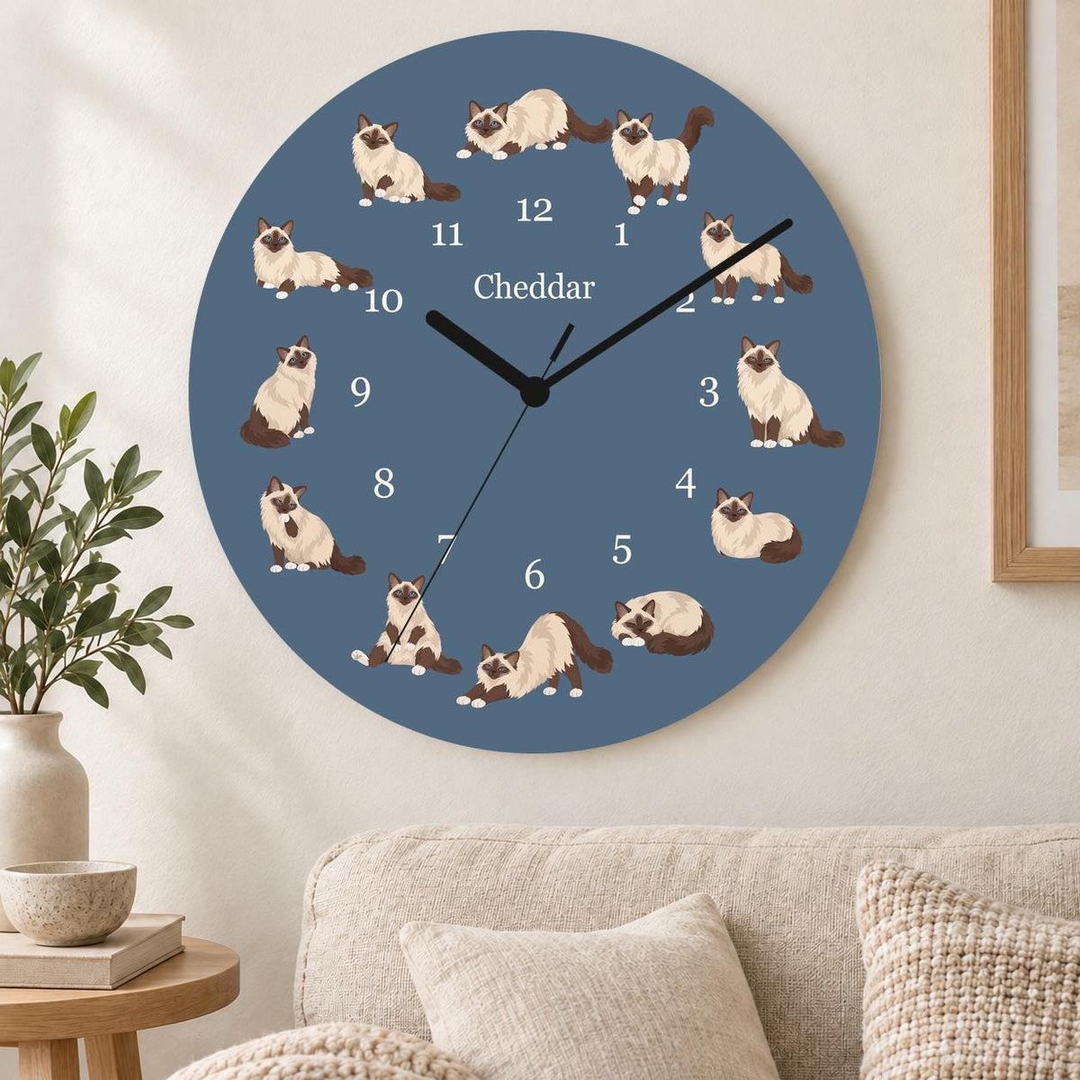 Personalized Birman Cat wooden wall clock with example name Cheddar; living room