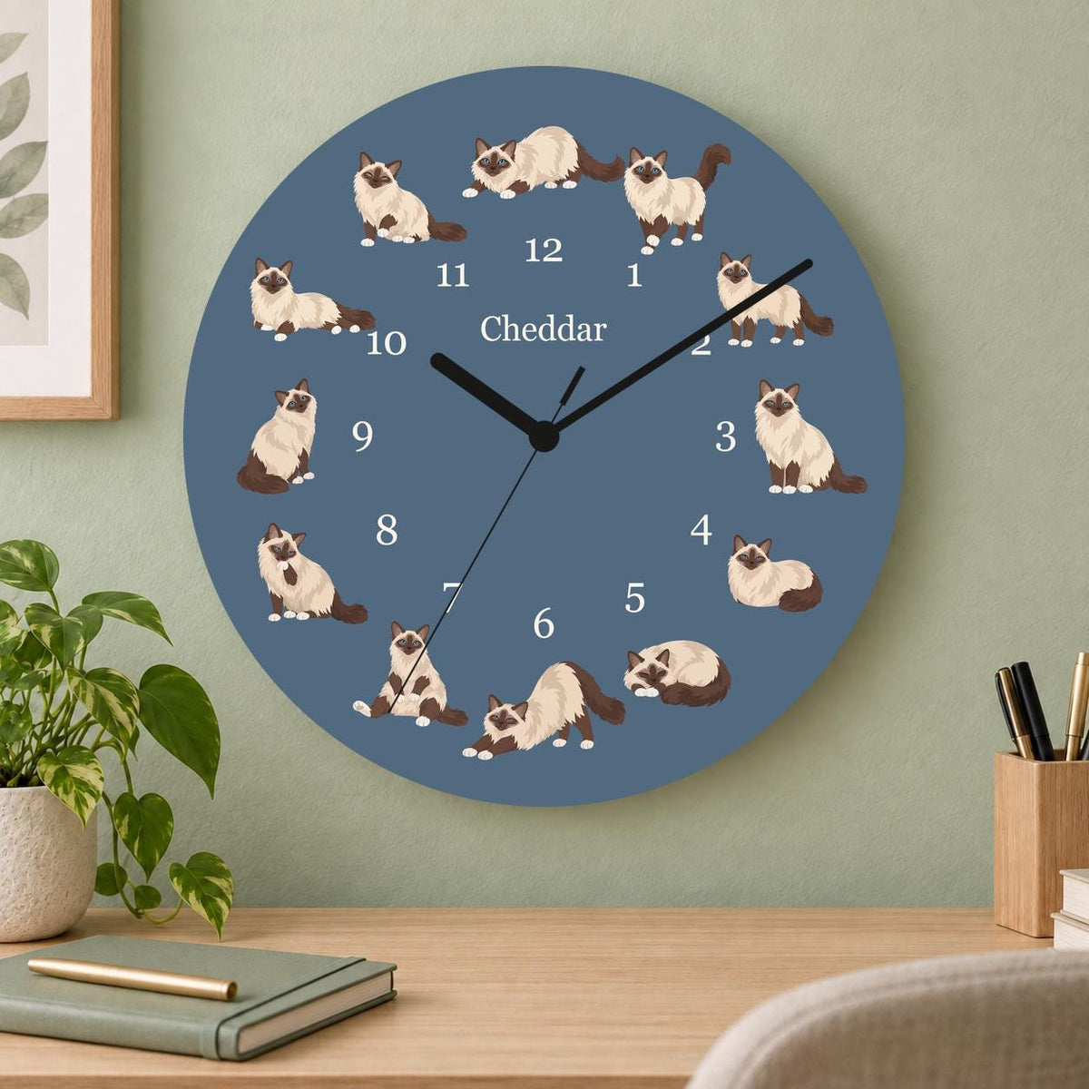 Personalized Birman Cat wooden wall clock with example name Cheddar; home office