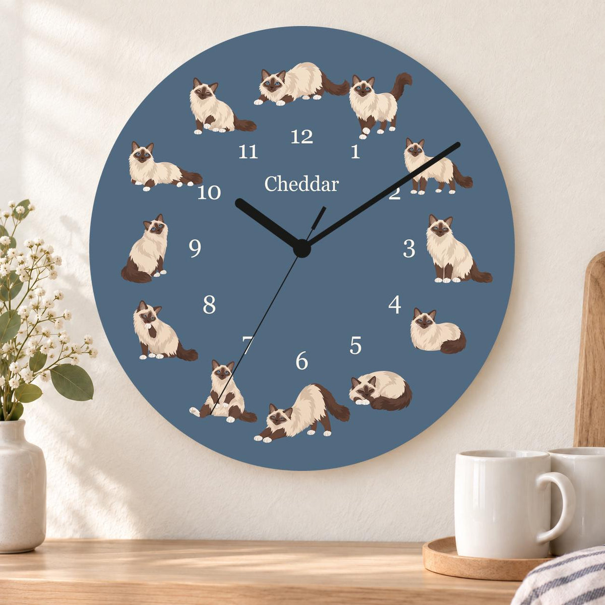 Personalized Birman Cat wooden wall clock with example name Cheddar; kitchen
