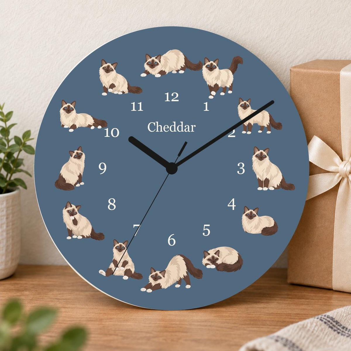 Personalized Birman Cat wooden wall clock with example name Cheddar; gift