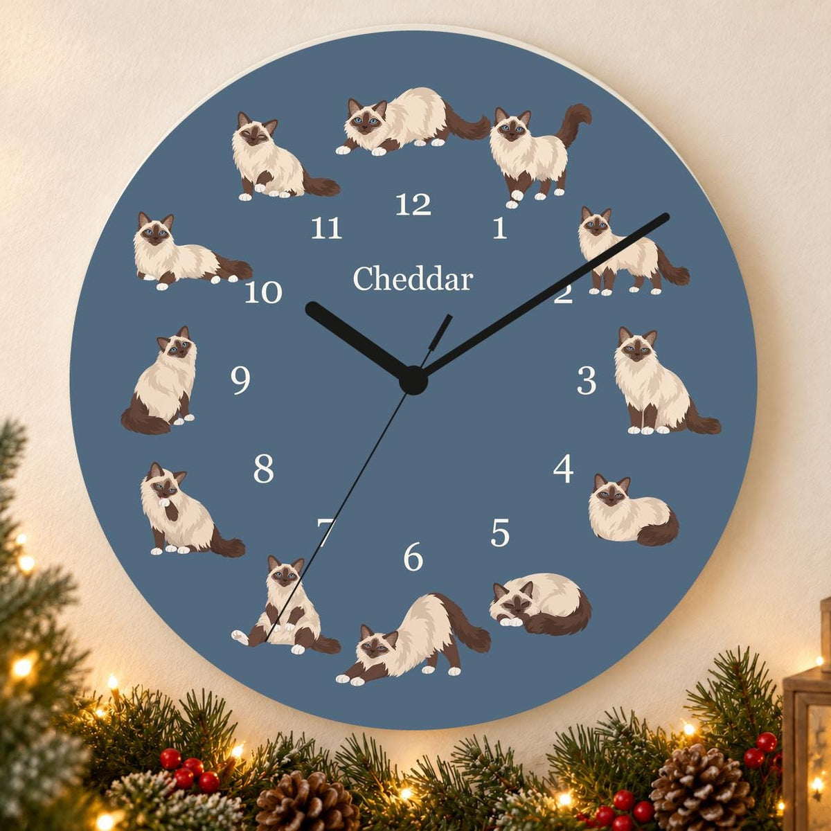 Personalized Birman Cat wooden wall clock with example name Cheddar; holiday