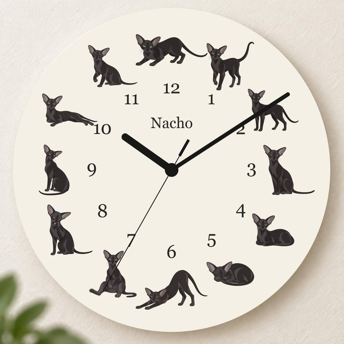 Personalized Oriental Cat wooden wall clock with example name Nacho; hero
