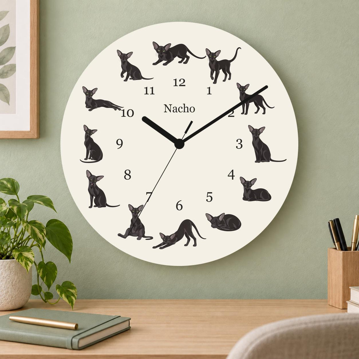 Personalized Oriental Cat wooden wall clock with example name Nacho; home office