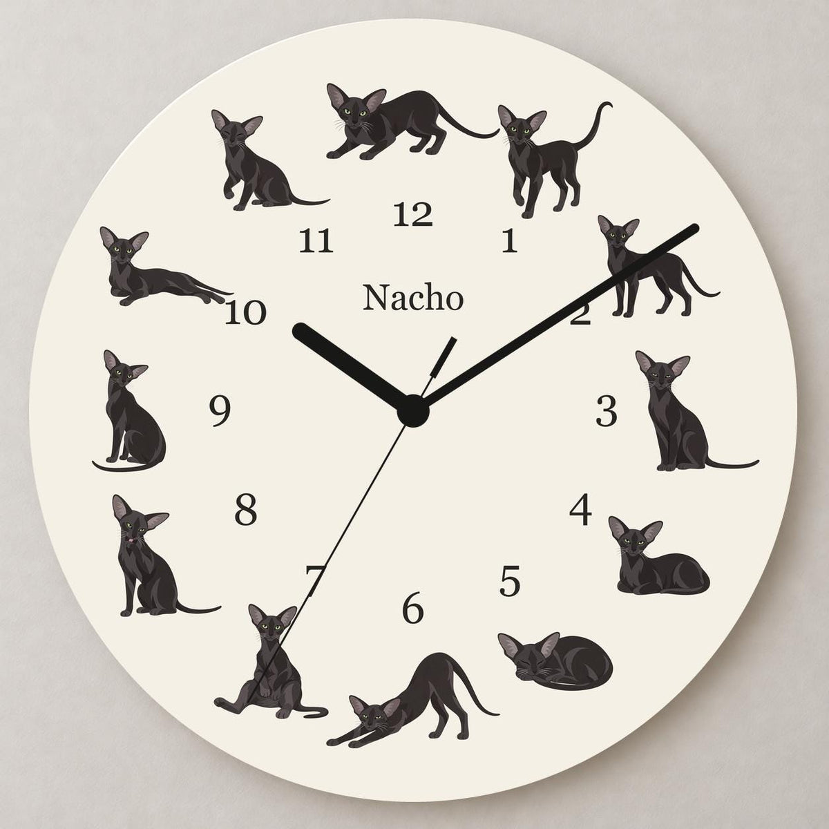 Personalized Oriental Cat wooden wall clock with example name Nacho; close up
