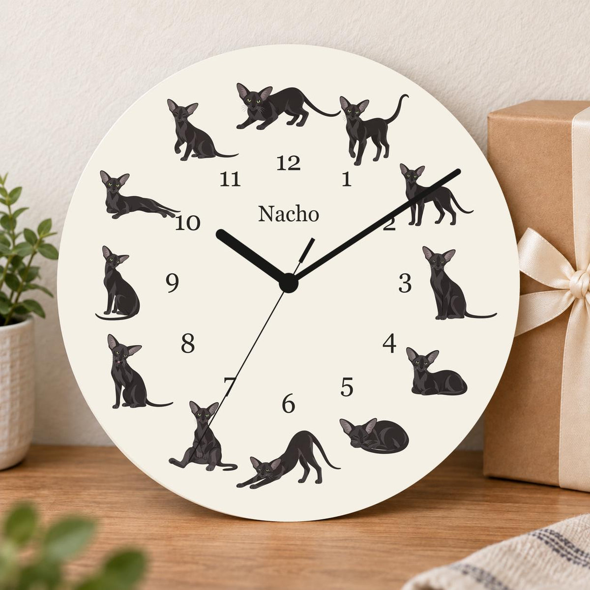 Personalized Oriental Cat wooden wall clock with example name Nacho; gift