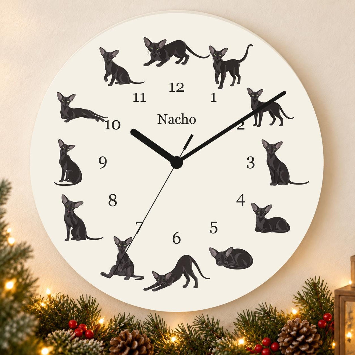 Personalized Oriental Cat wooden wall clock with example name Nacho; holiday
