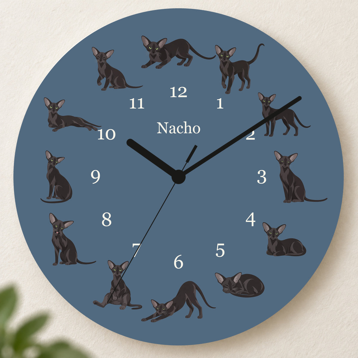 Personalized Oriental Cat Wall Clock, Custom Pet Name, 11.6 Inch Wooden Clock — Muted Denim background