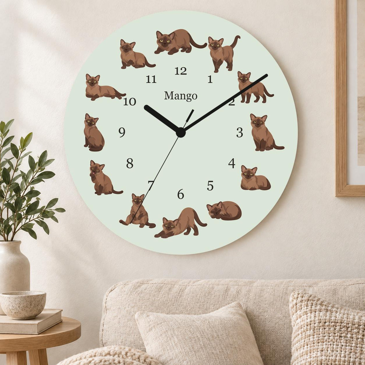 Personalized Burmese Cat wooden wall clock with example name Mango; living room