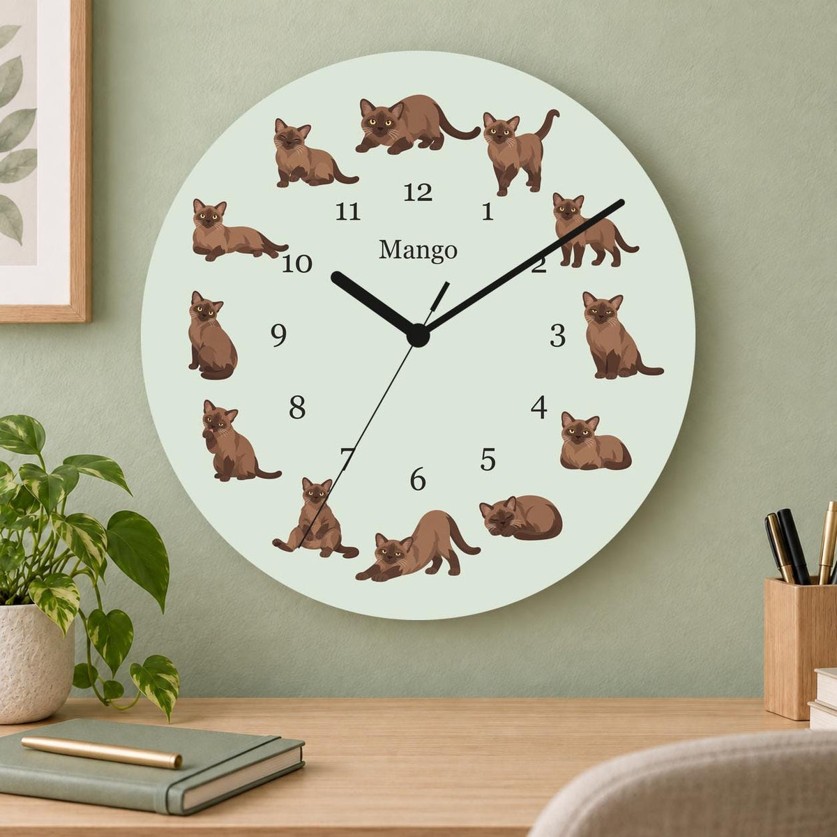 Personalized Burmese Cat wooden wall clock with example name Mango; home office