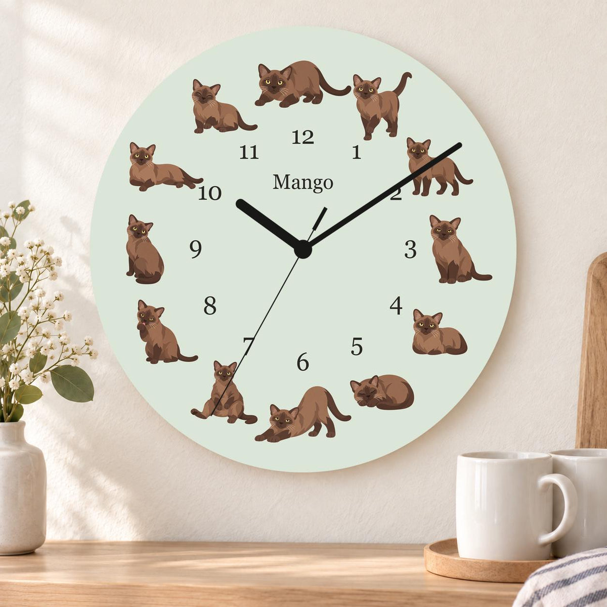 Personalized Burmese Cat wooden wall clock with example name Mango; kitchen