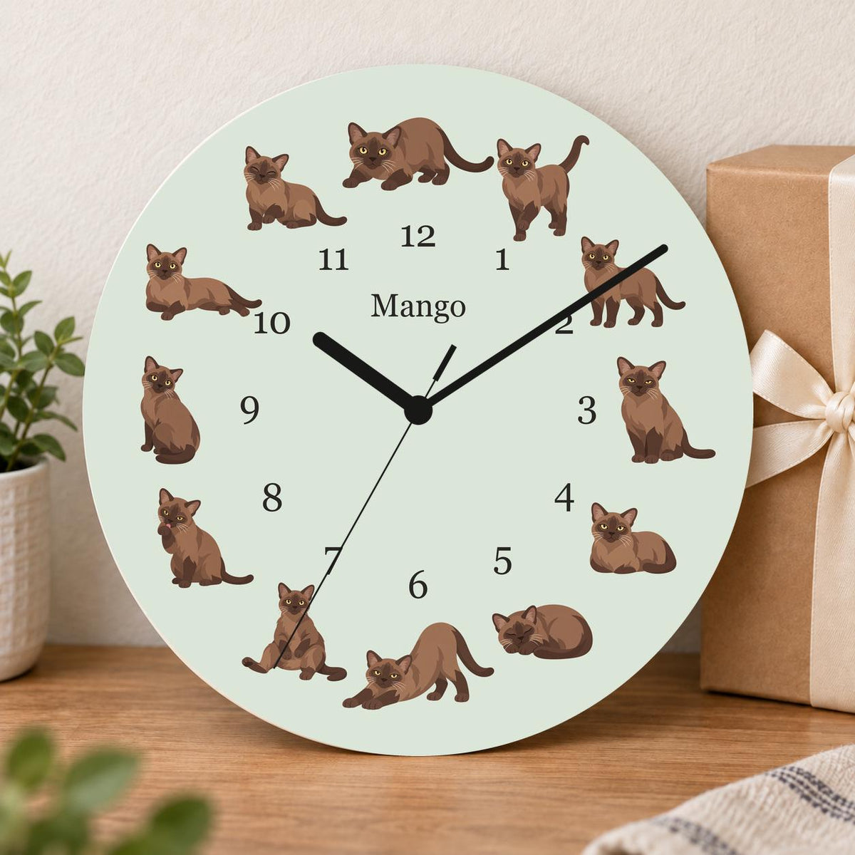 Personalized Burmese Cat wooden wall clock with example name Mango; gift