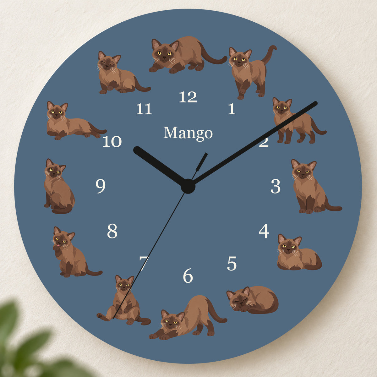 Personalized Burmese Cat Wall Clock, Custom Pet Name, 11.6 Inch Wooden Clock — Muted Denim background