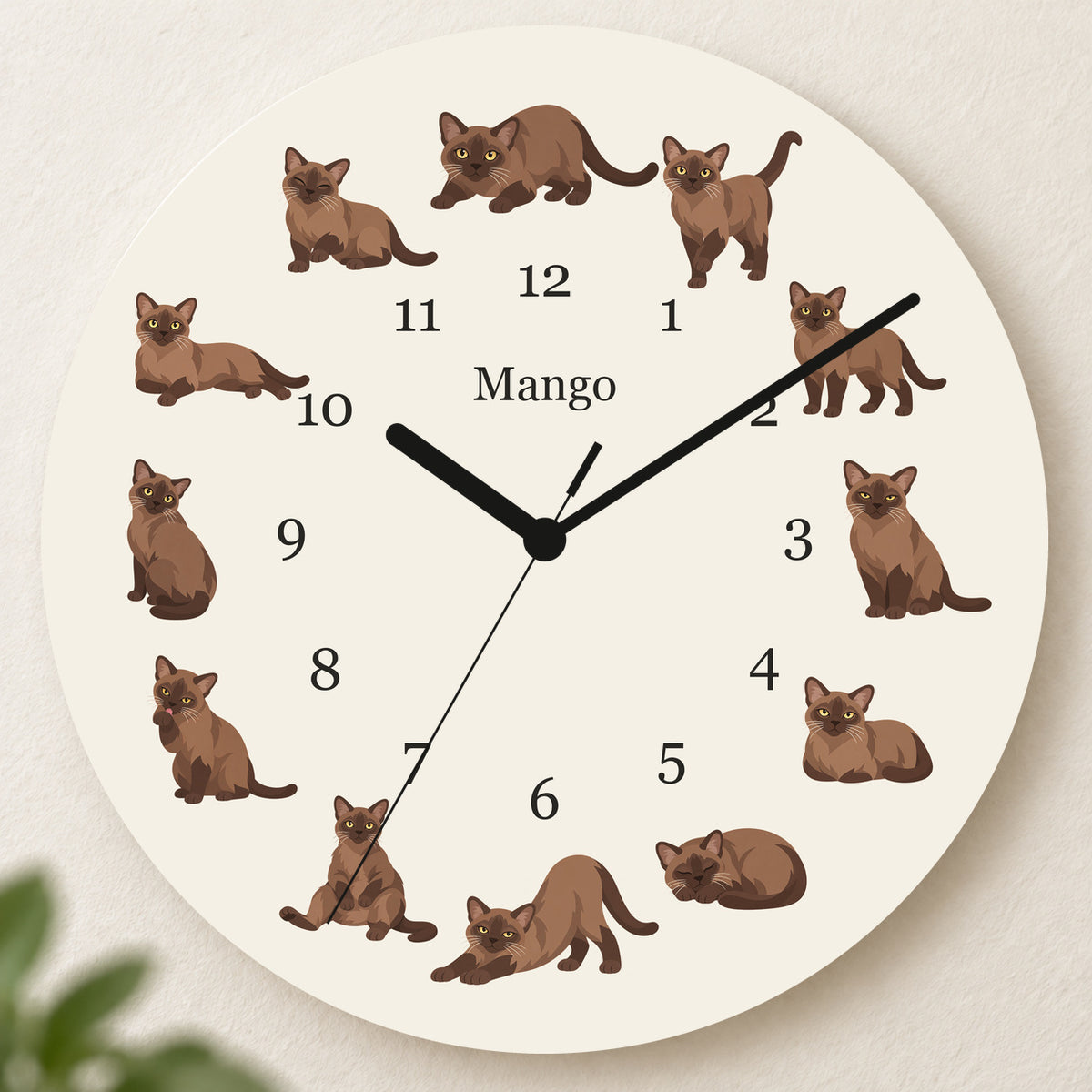 Personalized Burmese Cat Wall Clock, Custom Pet Name, 11.6 Inch Wooden Clock — Warm Ivory background