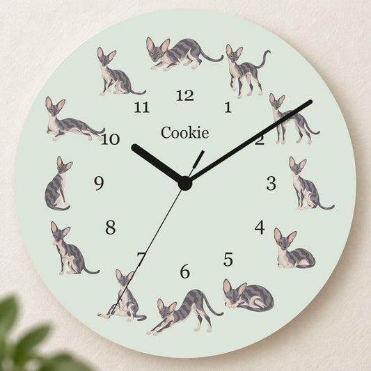 Personalized Cornish Rex Cat wooden wall clock with example name Cookie; hero