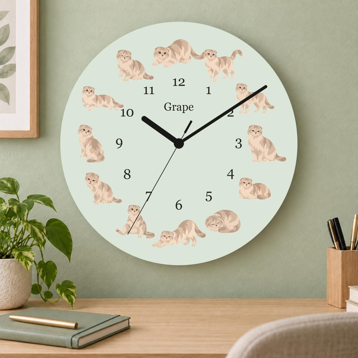 Personalized Scottish Fold Cat wooden wall clock with example name Grape; home office