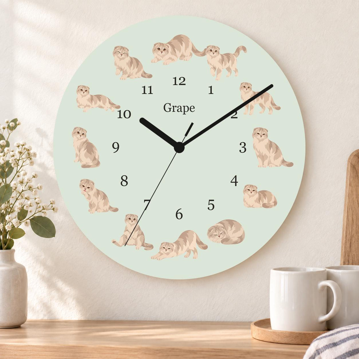 Personalized Scottish Fold Cat wooden wall clock with example name Grape; kitchen