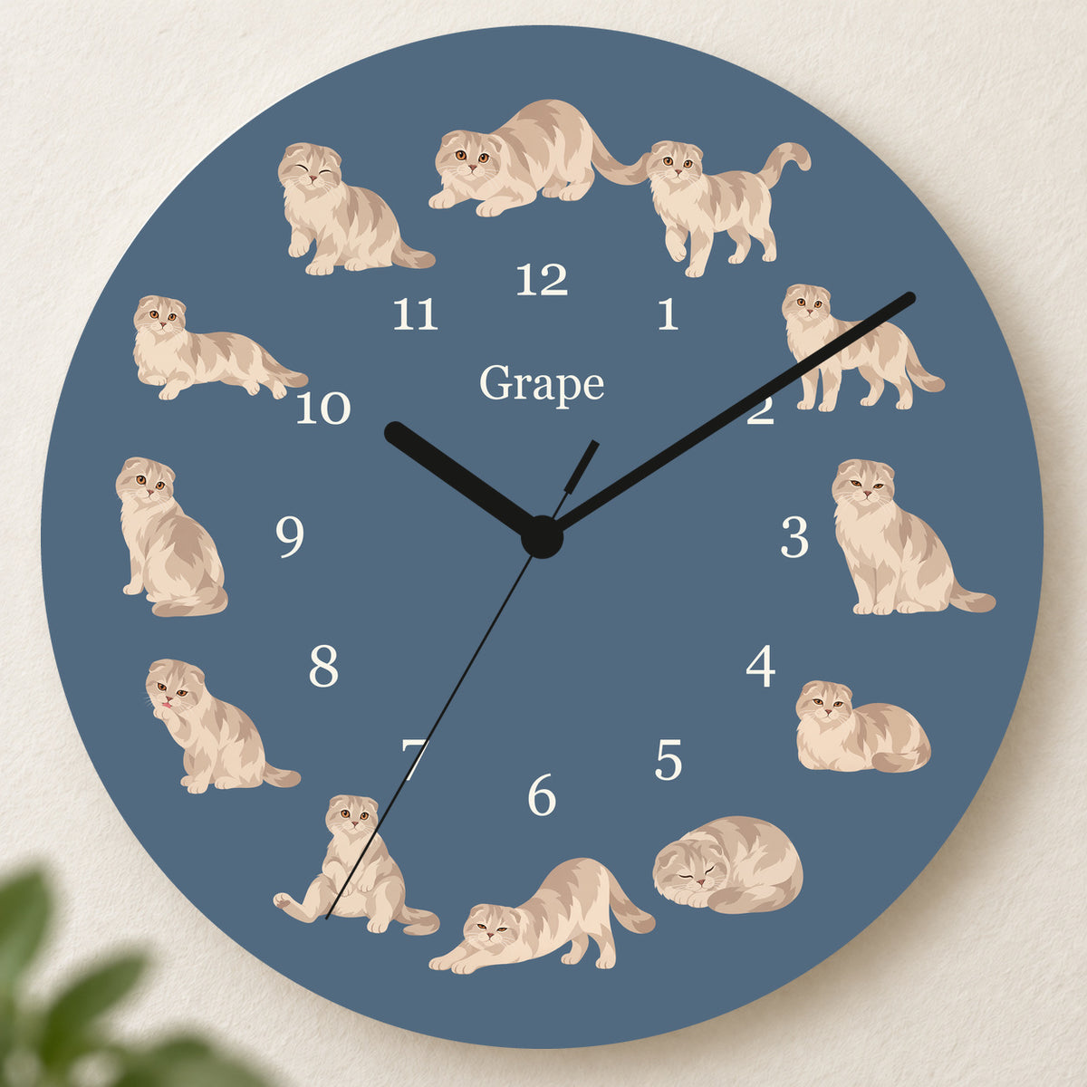 Personalized Scottish Fold Cat Wall Clock, Custom Pet Name, 11.6 Inch Wooden Clock — Muted Denim background