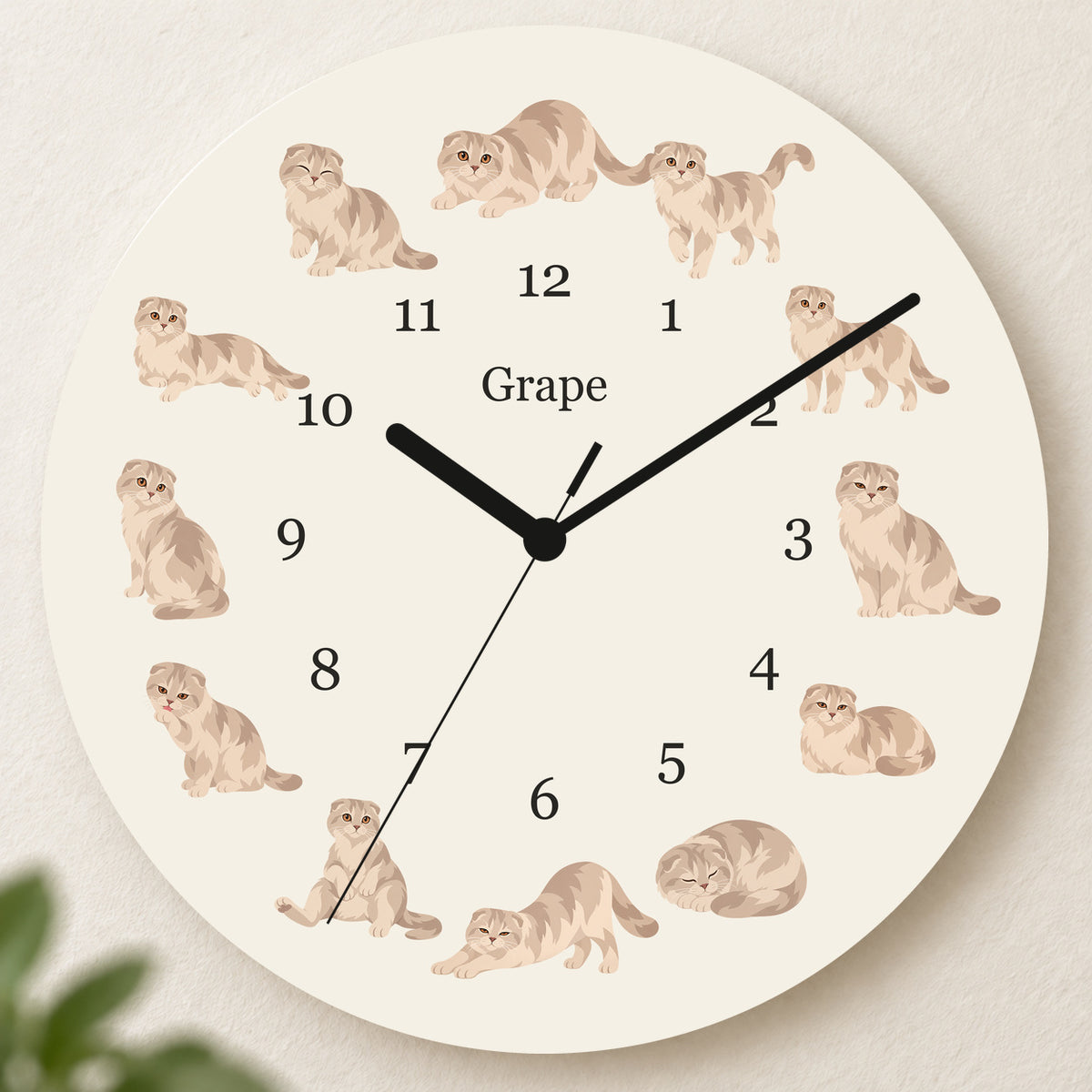 Personalized Scottish Fold Cat Wall Clock, Custom Pet Name, 11.6 Inch Wooden Clock — Warm Ivory background