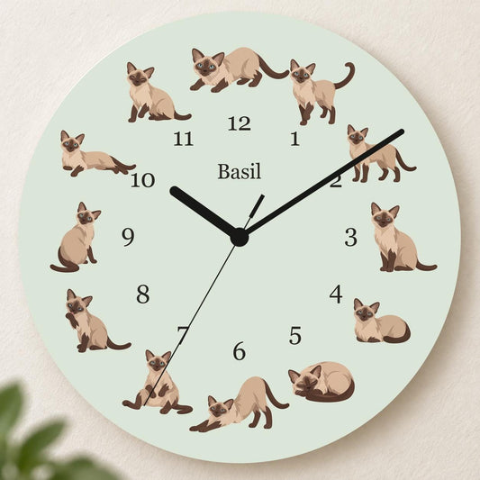 Personalized Tonkinese Cat wooden wall clock with example name Basil; hero
