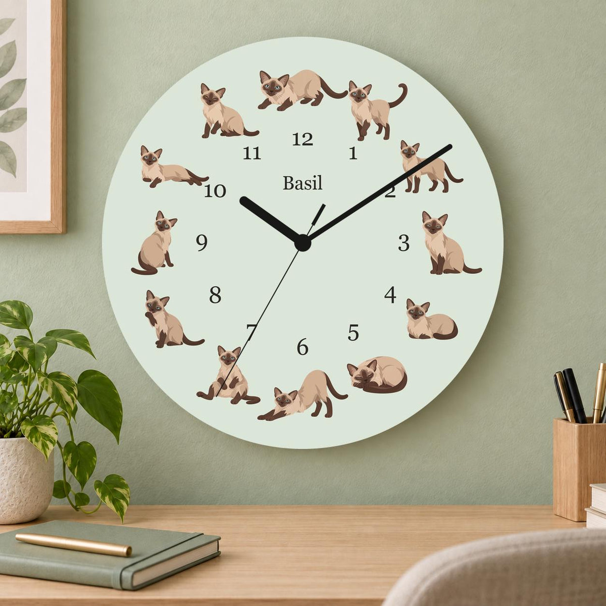 Personalized Tonkinese Cat wooden wall clock with example name Basil; home office