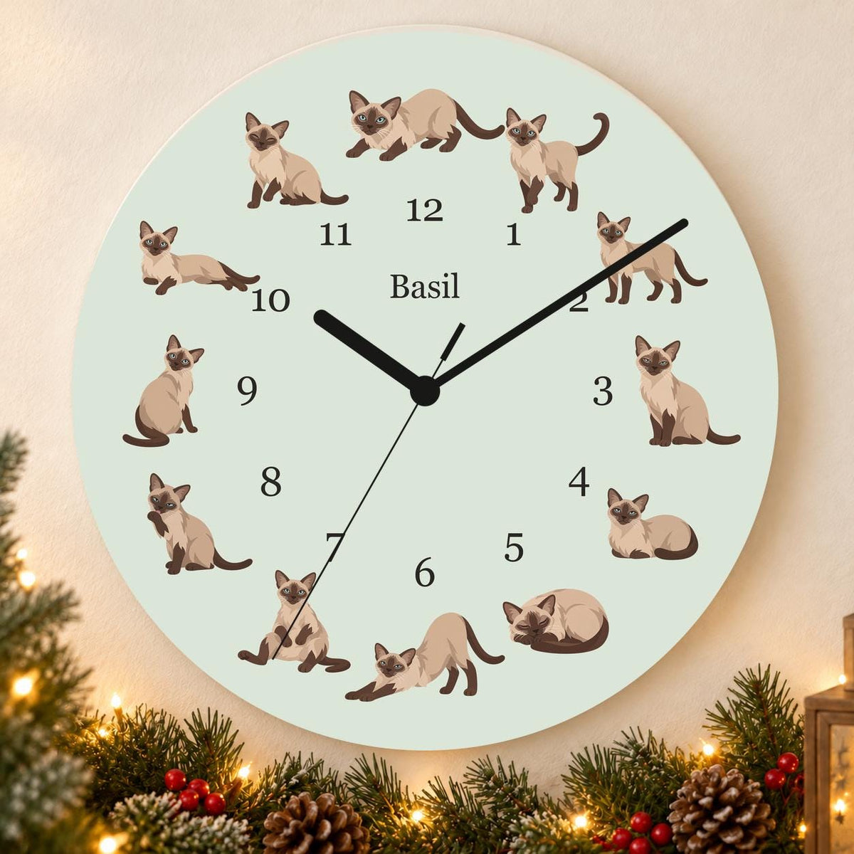 Personalized Tonkinese Cat wooden wall clock with example name Basil; holiday