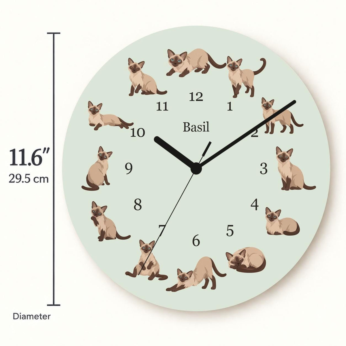 Personalized Tonkinese Cat wooden wall clock with example name Basil; size