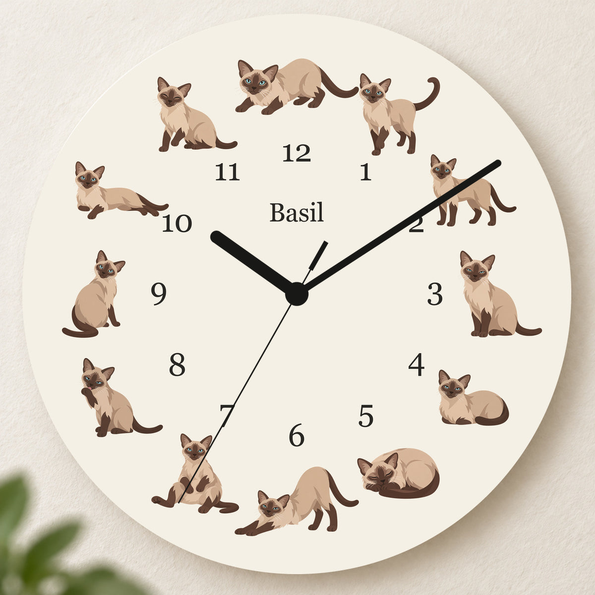 Personalized Tonkinese Cat Wall Clock, Custom Pet Name, 11.6 Inch Wooden Clock — Warm Ivory background