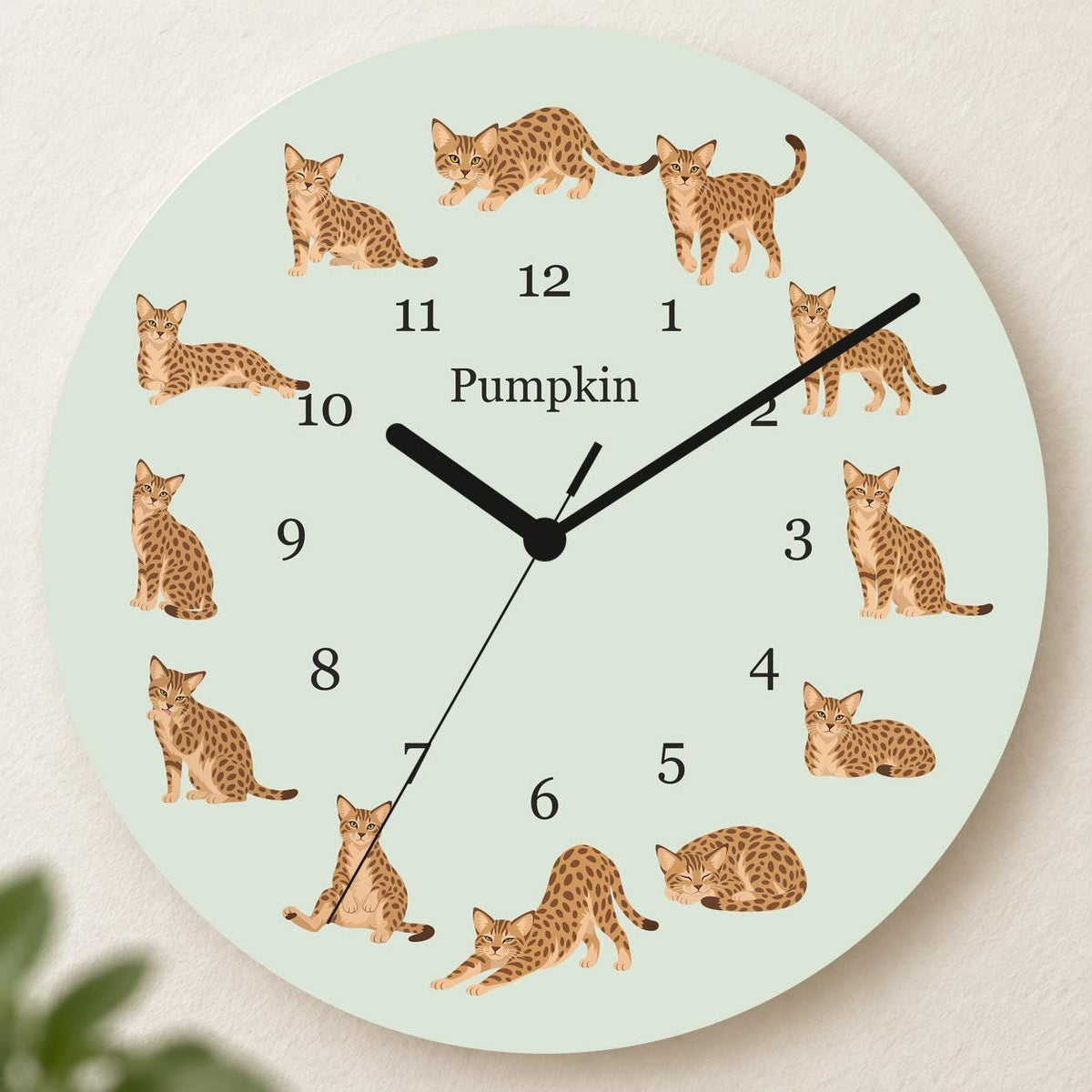 Personalized Ocicat Cat wooden wall clock with example name Pumpkin; hero