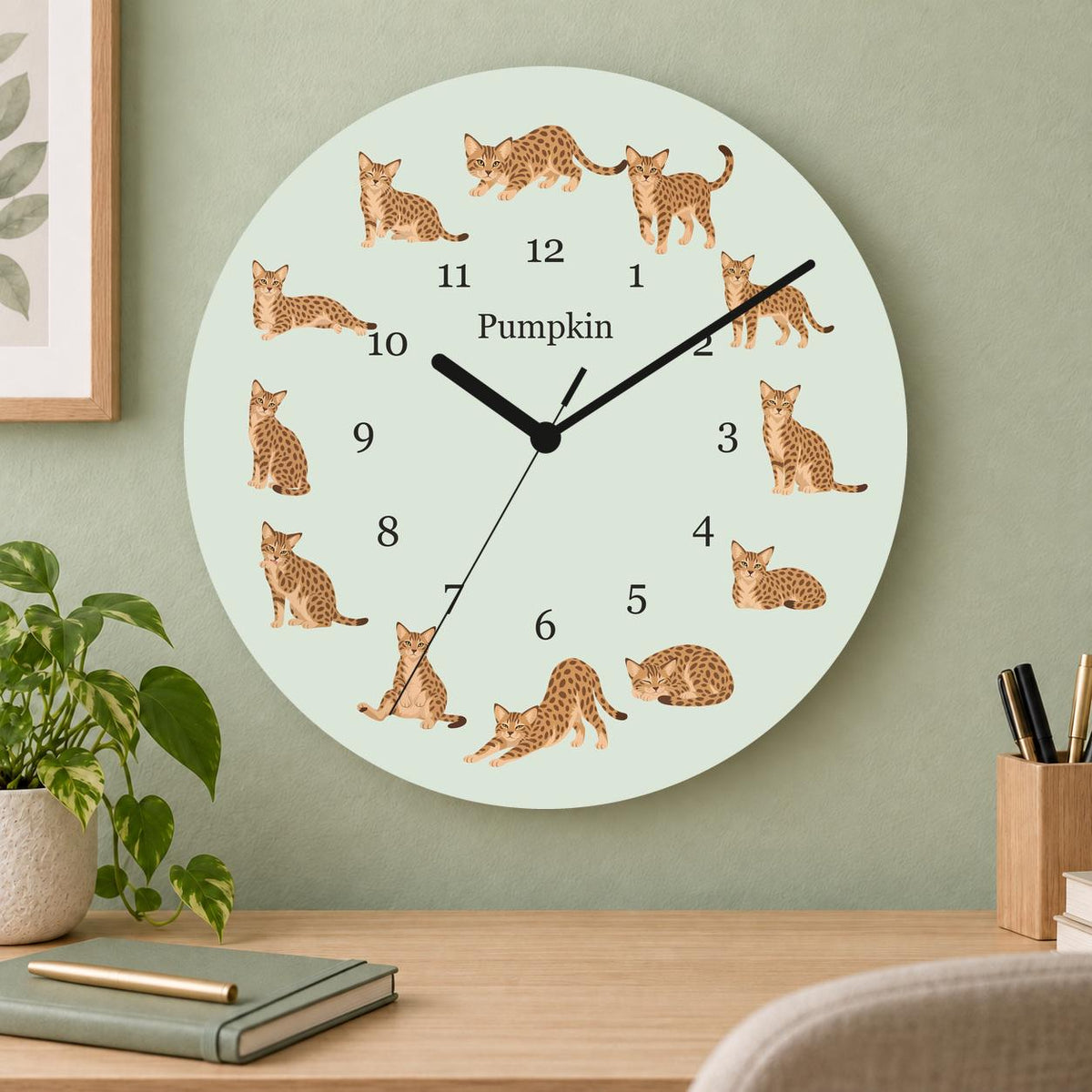 Personalized Ocicat Cat wooden wall clock with example name Pumpkin; home office